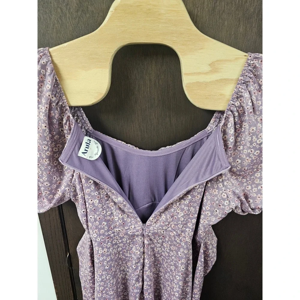 Arula Raella Purple Floral Puff Sleeve Mini Dress Square Neck Cottagecore Size X